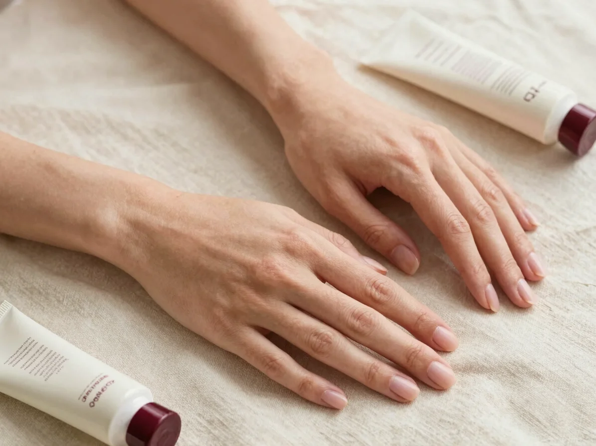 Overhead macro of hands resting on a cream linen cloth beside a b